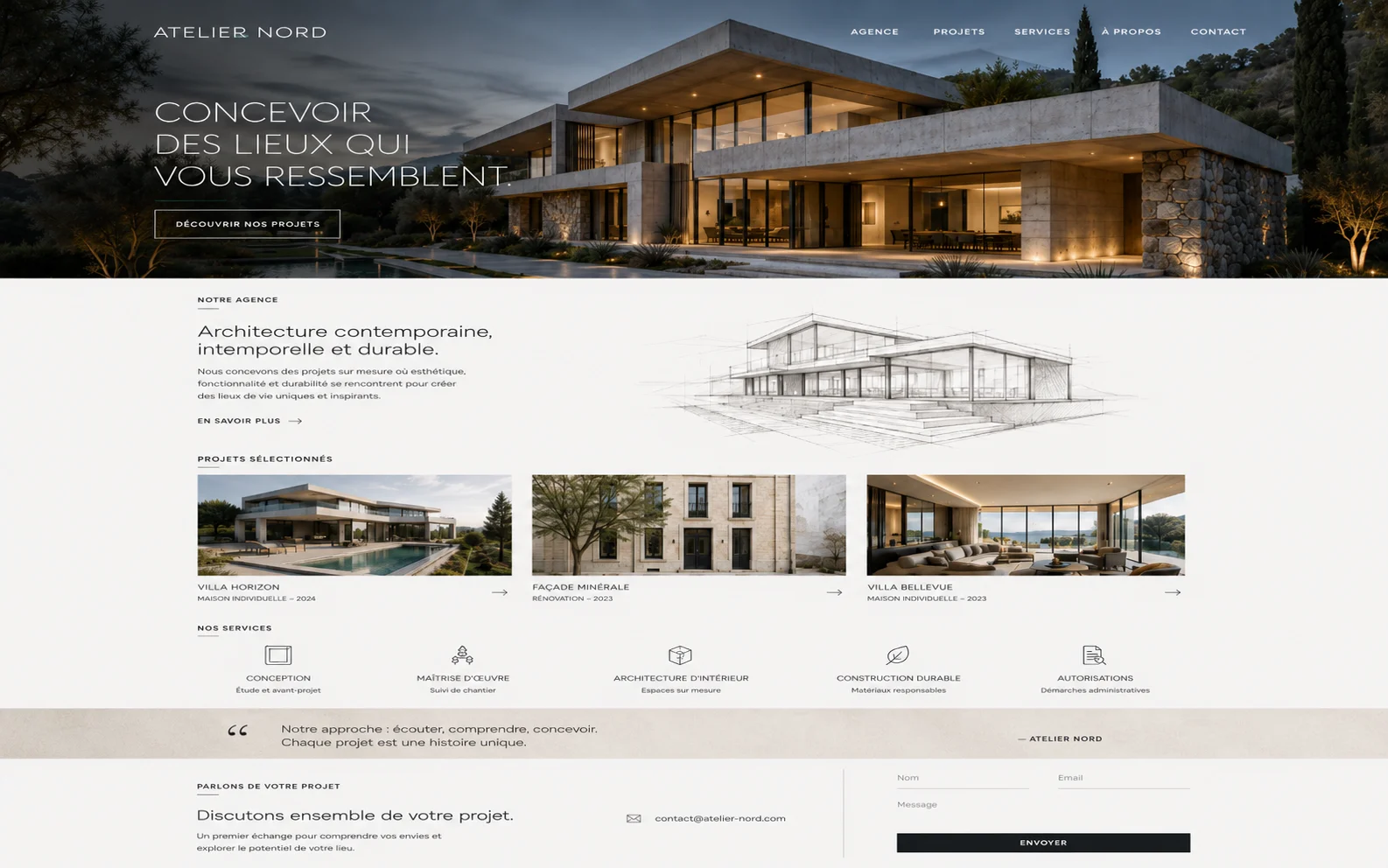 Page d'accueil d'un site d'architecte : grande photographie du projet, navigation sobre et sélection de réalisations.