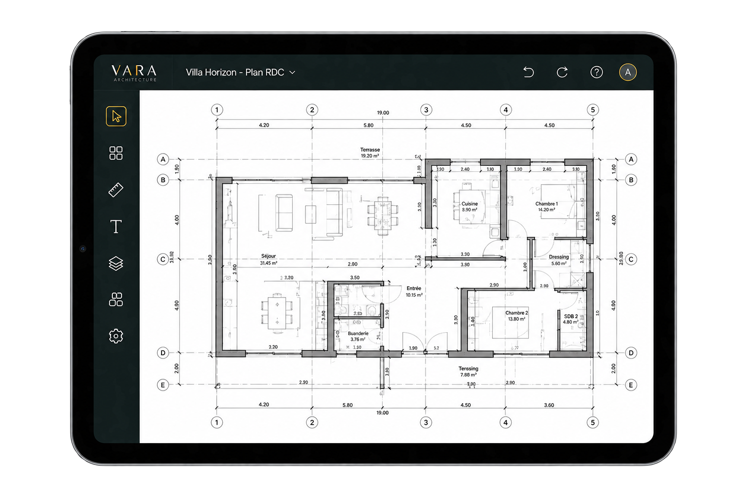 Un plan de rez-de-chaussée coté, ouvert dans Archiplus sur tablette.